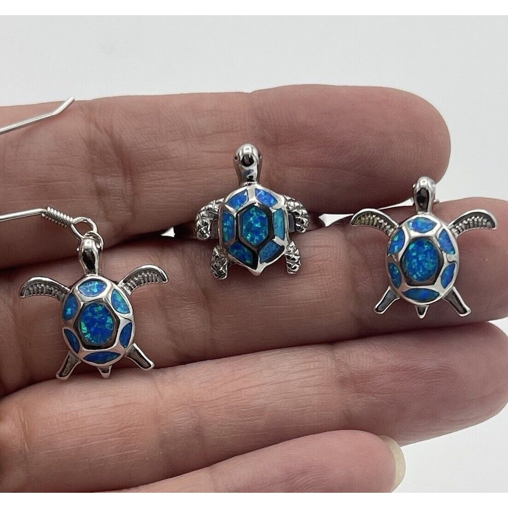 Honolulu Jewelry Co Sterling Silver Synthetic Opal Inlay Turtle Ring & Earrings